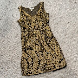 Anthropologie Gold Leaf Patterned Sleeveless Dress